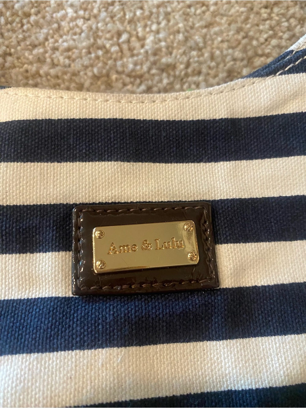 Striped Navy and White Canvas Tote with Brown Trim - Picture 6 of 8